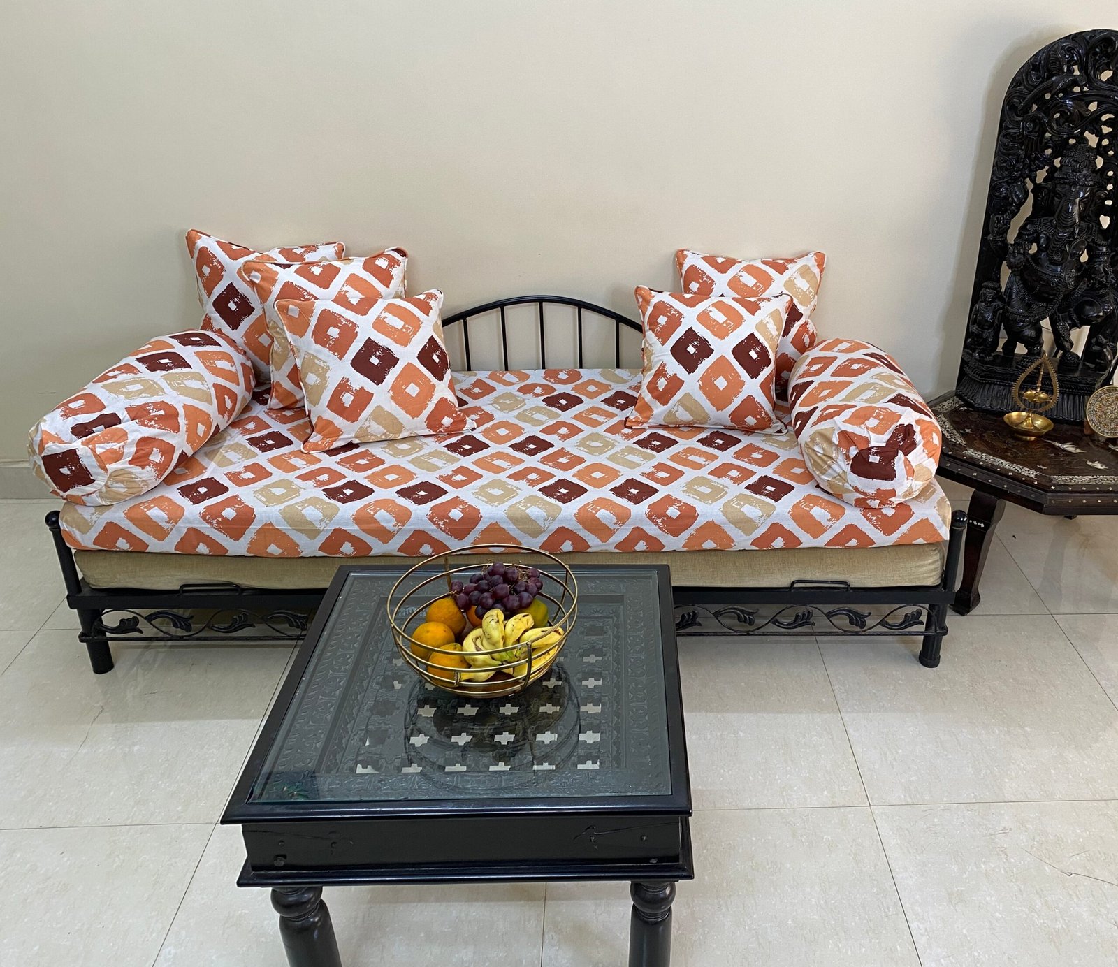 SQUARE TINTS ORANGE DIWAN SET LIFESTYLE IMAGE